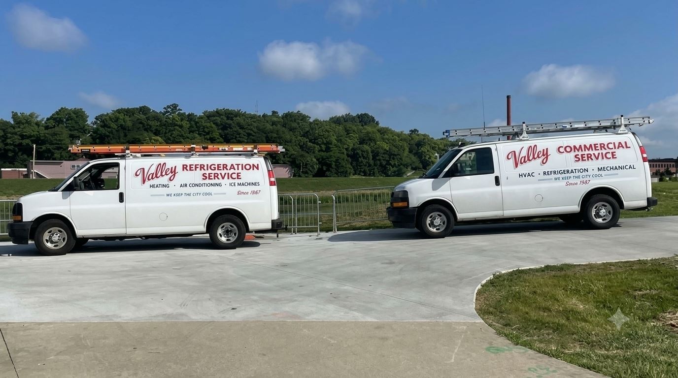 Two Valley Commercial Service vans parked outside a commercial facility