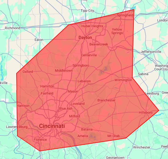 Map of the Valley Commercial Service area around Cincinnati and Dayton